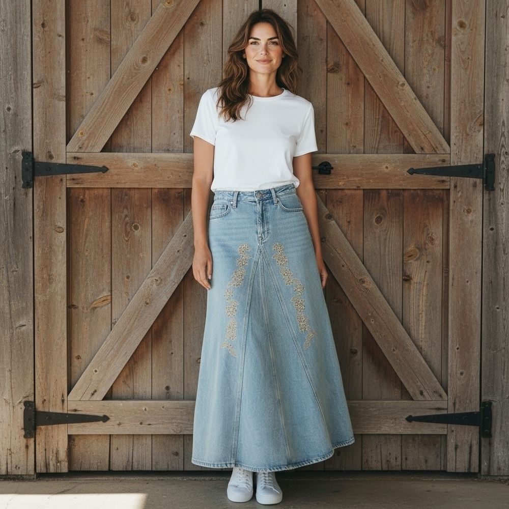 Newport News Blue Denim Maxi Skirt With Floral Trim